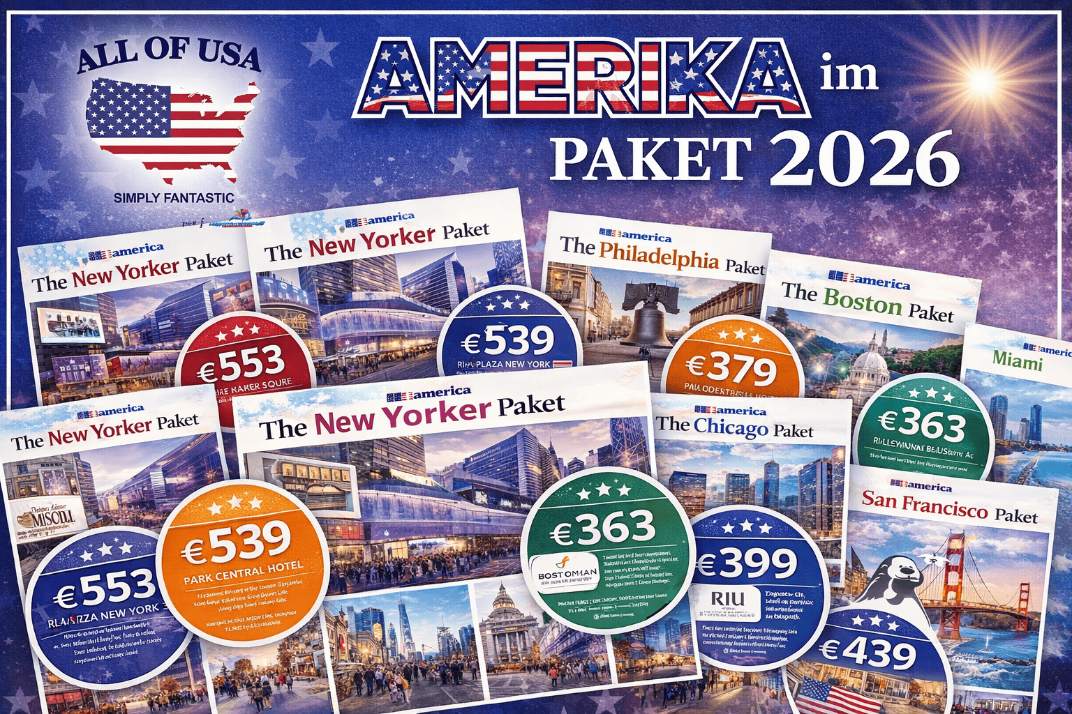 Ein Bild mit vielen bunten Bildern und Angeboten für die USA