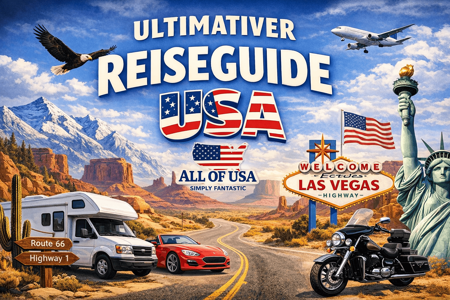 Das Bild zeigt viele einen Camper, ein Auto und ein Mototrrad vor Landschaften der USA