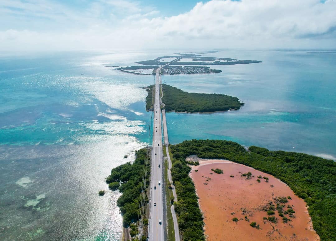 An aerial view of a highway and the ocean