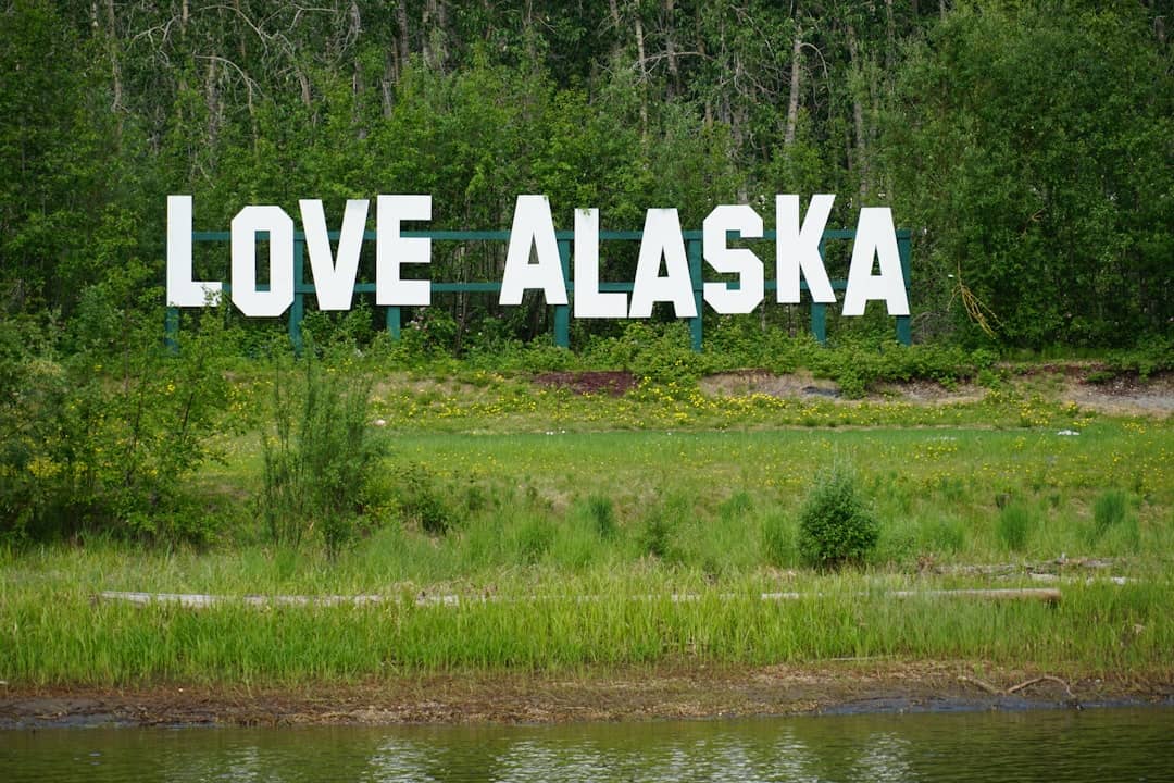 Photo by Sheila C a large sign that says love alaska in front of a lake