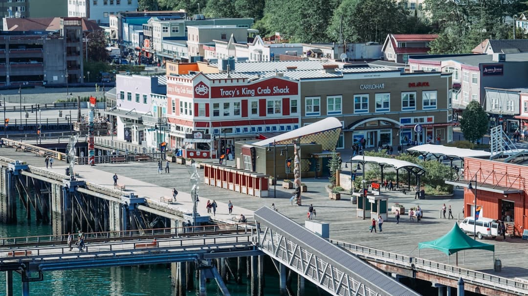 An aerial view of a city with a bridge