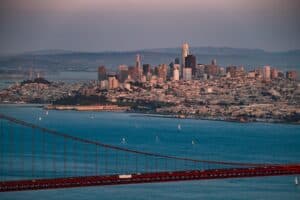 San francisco skyline seen with the golden gate bridge.