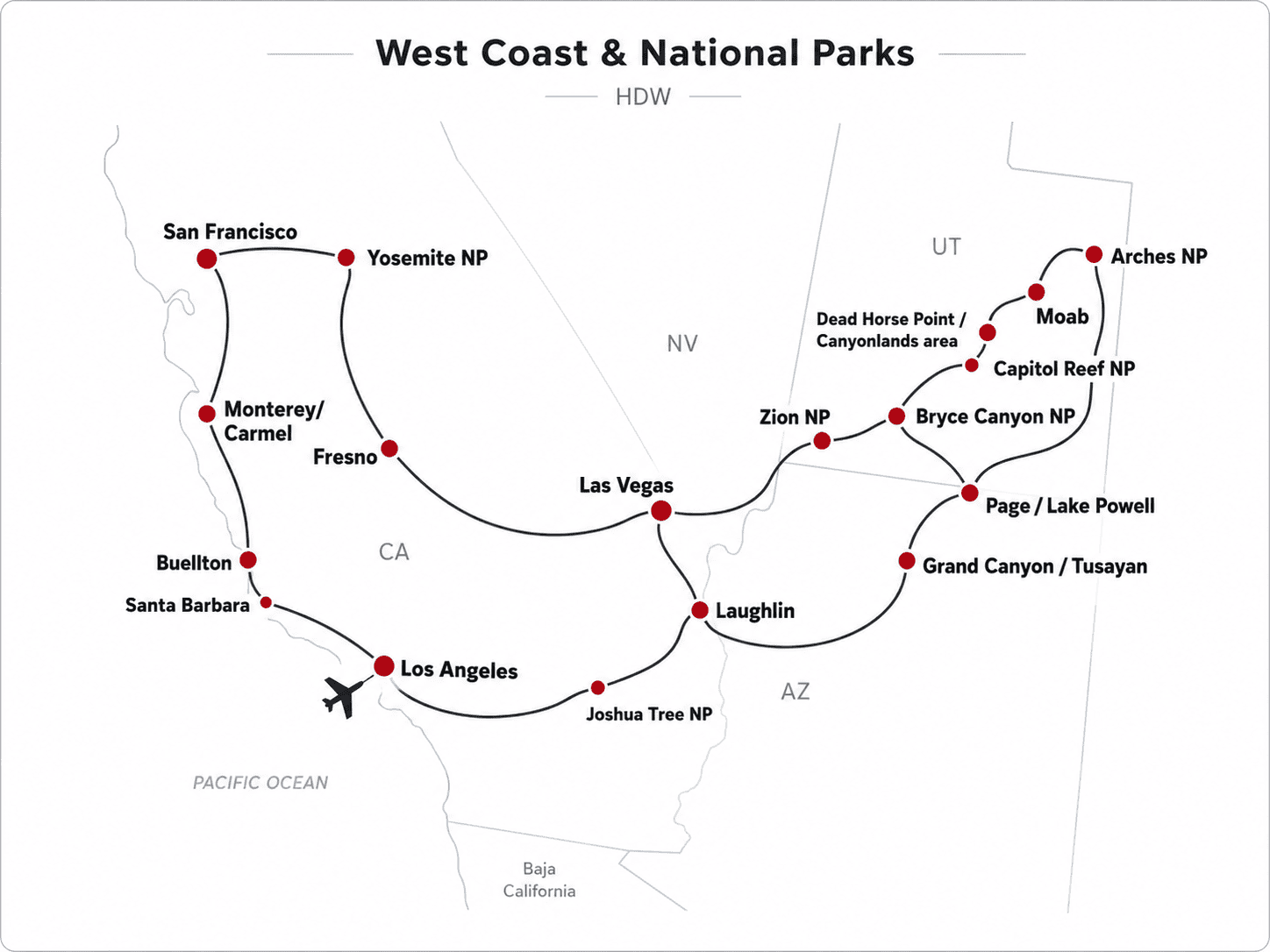 ChatGPT Image 10. Juli 2026, 08_48_00 Routenkarte West Coast & National Parks mit Stationen von Los Angeles über Las Vegas, Nationalparks in Utah und Arizona bis San Francisco