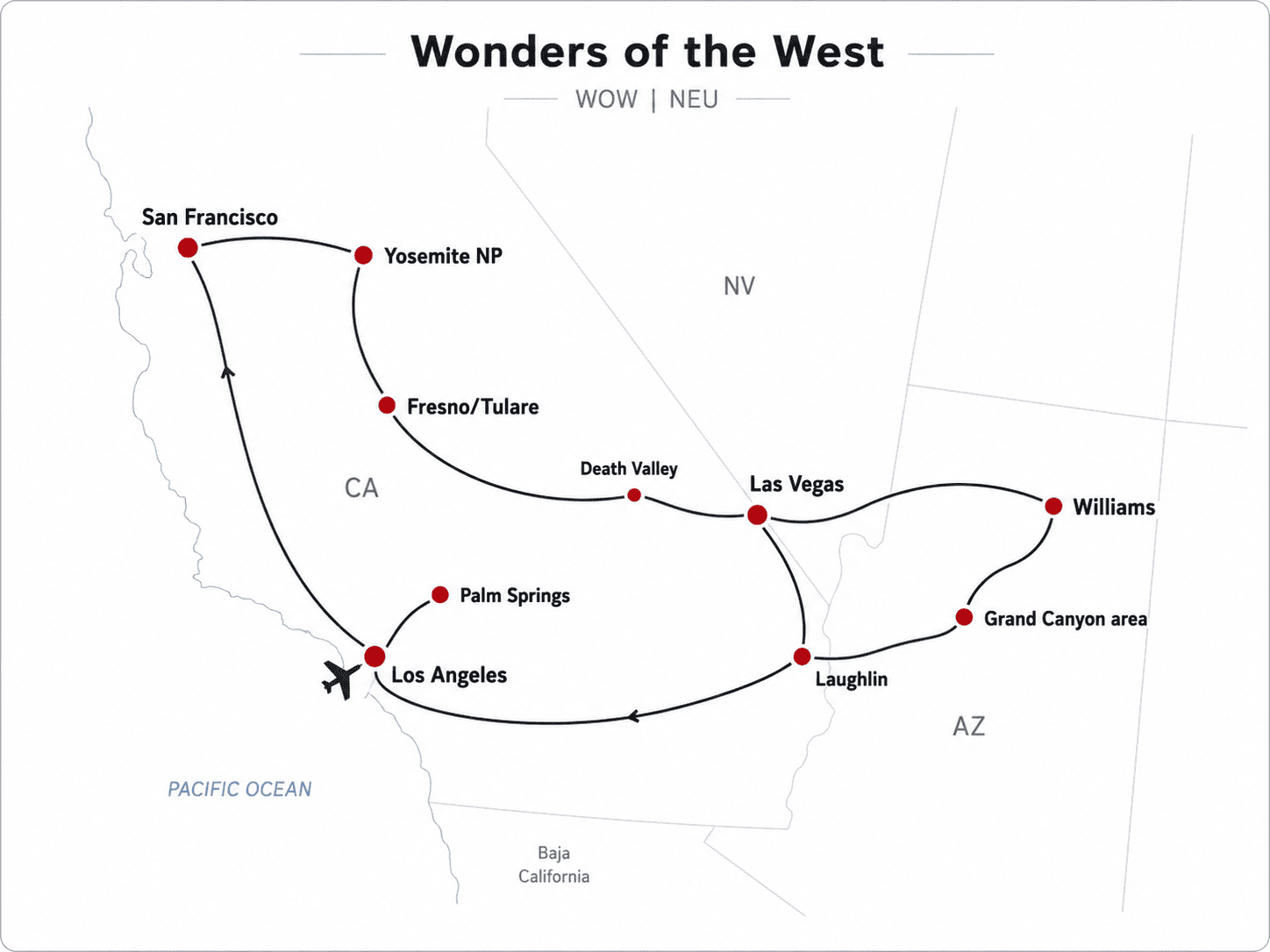 ChatGPT Image 10. Juli 2026, 09_17_19 Routenkarte Wonders of the West mit Los Angeles, Las Vegas, Grand Canyon und San Francisco