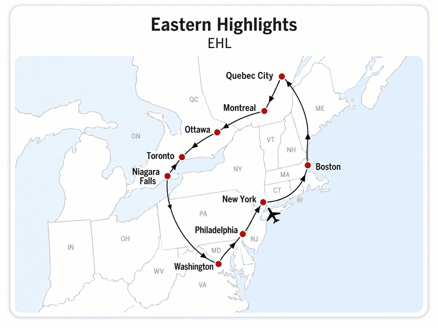 ChatGPT Image 10. Juli 2026, 20_18_32 Routenkarte Eastern Highlights mit New York, Washington, Niagara Falls, Toronto, Montreal, Quebec City und Boston