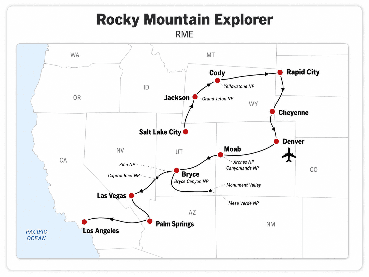 ChatGPT Image 10. Juli 2026, 20_25_02 Routenkarte Rocky Mountain Explorer mit Denver, Yellowstone, Grand Teton, Moab, Bryce Canyon, Las Vegas und Los Angeles