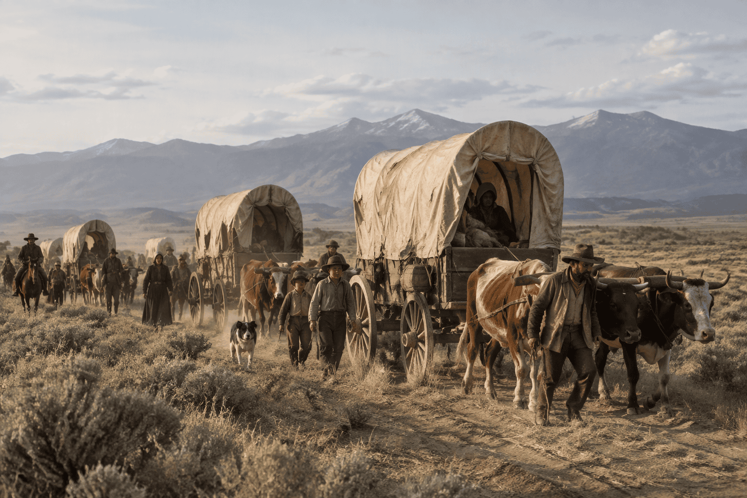 Authentischer Siedlertreck auf dem Oregon Trail um 1850 mit von Ochsen gezogenen Planwagen, wandernden Siedlern und staubiger Prärienlandschaft vor einer Bergkulisse im amerikanischen Westen.